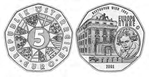 Österreichische Sammlermünzen Europahymne Ludwig van Beethoven Ausgabedatum: 11. Mai 2005 Auflage: 125.000 Handgehoben 275.