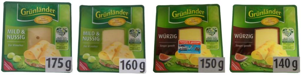 Füllmengenreduzierungen im gesamten Grünländer-Sortiment Hochland hat bei zwölf unterschiedlichen Käsesorten der Marke Grünländer die Füllmenge reduziert.