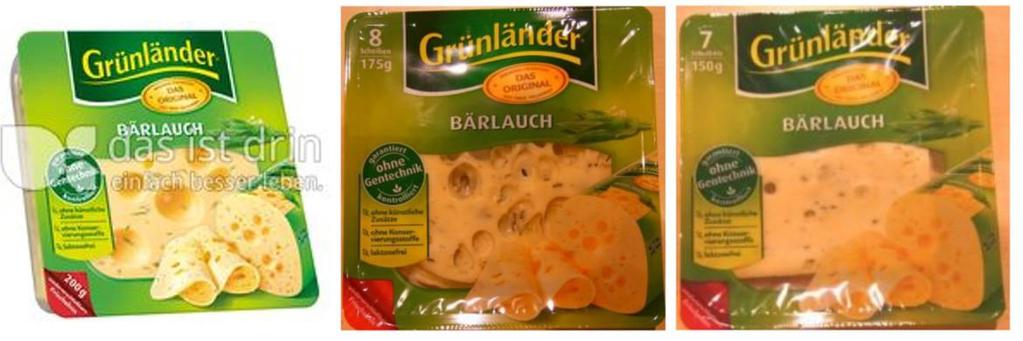Ältere Käsepackungen von Grünländer der Sorte Bärlauch (vlnr. 200 g in 2011 (Quelle: das-istdrin.de), 175 bzw.
