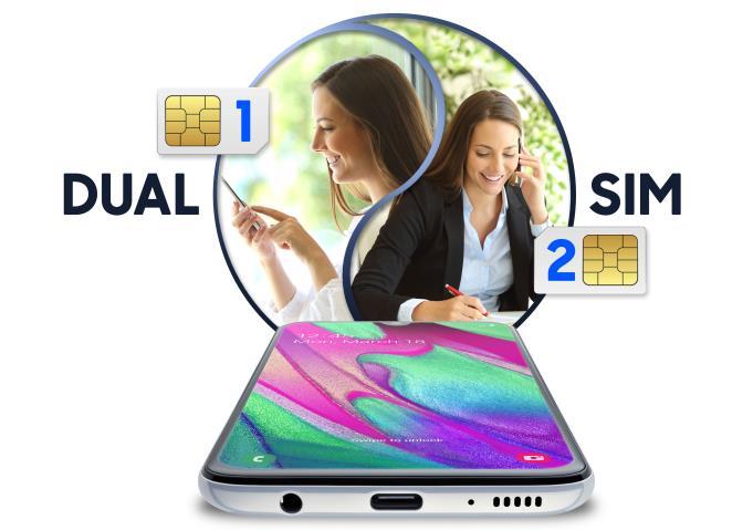 Funktionsübersicht Doppelte Möglichkeiten Das Galaxy A40 ermöglicht es Ihnen, zwei verschiedene SIM-Karten parallel in nur einem Smartphone zu verwenden 4. Nutzen Sie die Möglichkeit z.b. Privates und Berufliches zu trennen, für Telefonie und Daten unterschiedliche Anbieter zu wählen oder im Ausland neben Ihrer heimischen auch eine lokale SIM-Karte einzusetzen.