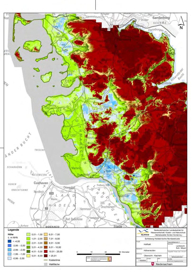 Abb. 4: Übersichtsplan Schleswig-Holsteinische Nordseeküste mit Geländehöhen Analog zur Darstellung der Höhenstufen für das Küstengebiet Niedersachsens (siehe Abb.