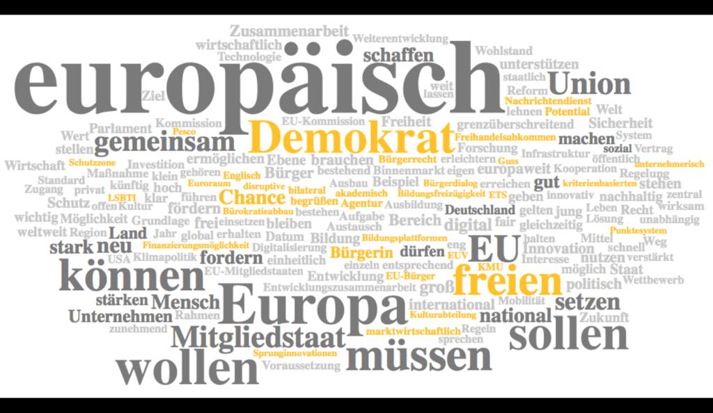 Die zentralen Wörter im2019: FDP-Programm Wahlprogramm-Check 40 Jahre Europawahlen Farblegende häufigste Wörter gemeinsame Wörter FDP-spezifische Wörter