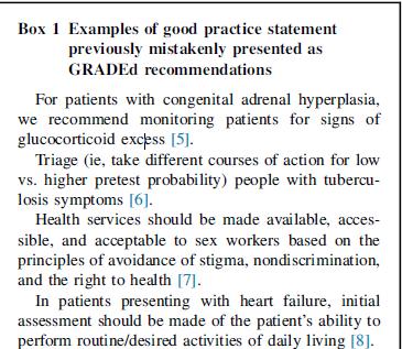Guyatt GH1, Schünemann HJ2, Djulbegovic B3, Akl EA4. Guideline panels should not GRADE good practice statements J Clin Epidemiol.