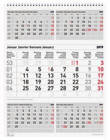 8.5 Wandkalender Calendriers muraux Biella 3-Monatskalender Format 3 x 40 cm. 3 Monate pro Seite. Spiralbindung (Wire-O), mit Aufhänger. Kalendarium d-f-i-gb, vorangehender, aktueller und Folgemonat.