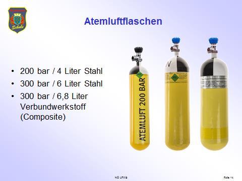 Folie 14 Gerätekunde Atemluftflaschen: Erkläre den Teilnehmern die verschiedenen Ausführungen von Atemluftflaschen und deren grundliegenden Unterschiede.
