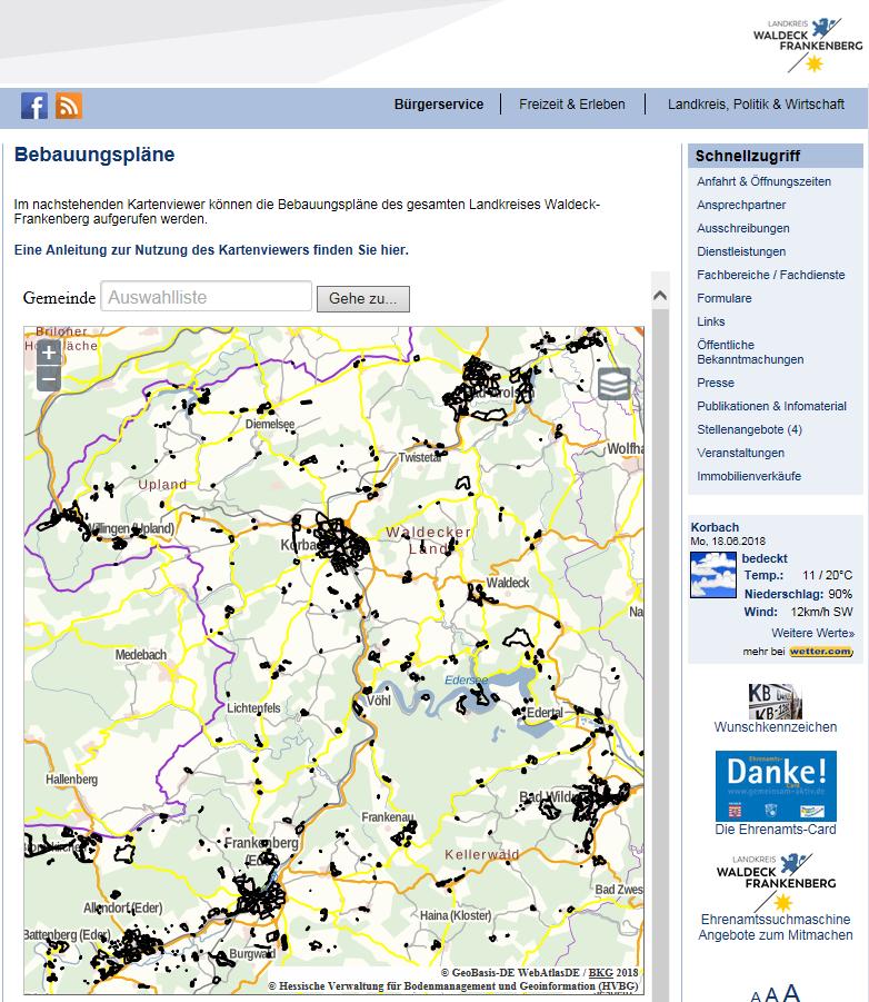 Bebauungspläne online (2) auf regionalen Kartenviewern: für jede Mitgliedskommune der GDI Waldeck-Frankenberg