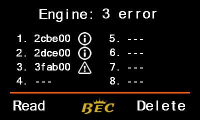 10 1. Screen Functions -> Engine Check Anzahl der Fehler im Motorsteuergerät Fehler Code 1. 2. Fehlerstatus 1.