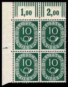 100 Jahre deutsche Briefmarken Ausgabetag 30. September 1949; 10+2 Pfennig; Michel-Nummer 113 Oberrandviererblock (Artikelnummer: bbrd0113vor**d) postfrisch 21, 75 Jahre Weltpostverein Ausgabetag 9.