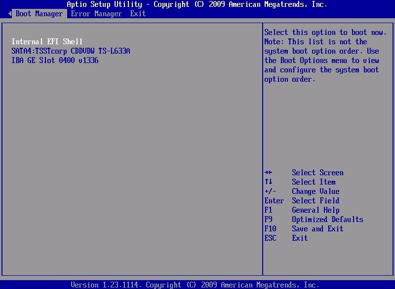 10 Boot Manager Menü Dieses Menü zeigt die aktuell konfigurierten Boot-Geräte an. Bild 9: Menü "Boot Manager" Ein Boot-Versuch kann sofort von einem bestimmten Gerät aus gestartet werden.