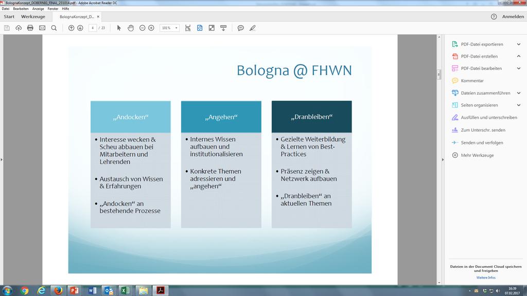 Wissenstransfer: Ziele + Tools Bologna-Fahrplan: Denkrahmen - Pragmatisches Andocken von Bologna(-Themen) an bereits bestehende