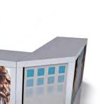b. Holz-Optik) PROMOTION COUNTER (foldable) Four-part counter with frontal branding on tentered fabric: The mobile high-stability advertising presence.