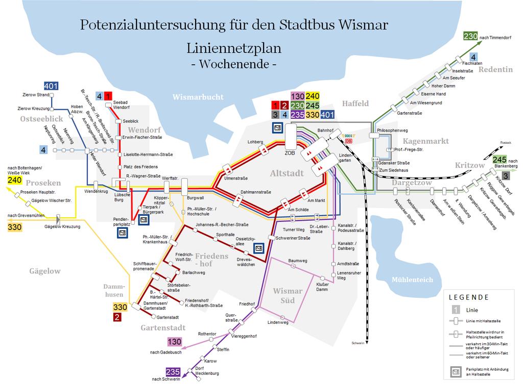 Die Anpassungen des Stadtbusnetzes sind auf die Wochenendverkehre unter weitgehender Beibehaltung des heutigen Angebotsniveaus zu übertragen.