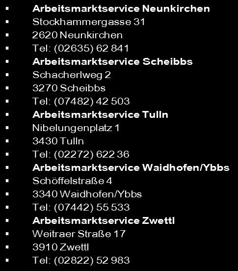 AMS - Kontaktdaten Arbeitsmarktservice Baden Josefsplatz 7 2500 Baden Tel: (02252) 201 Arbeitsmarktservice Gänserndorf Friedensgasse 4 2230 Gänserndorf Tel: (02282) 35 35 Arbeitsmarktservice