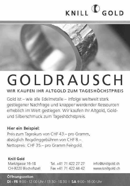 Wir kaufen Ihr Altgold, Goldund Silberschmuck zum Tageshöchstpreis. Hier ein Beispiel: Preis zum Tageskurs von CHF 43. pro Gramm, abzüglich Recyclinggebühren von CHF 8.. Nettopreis: CHF 35.