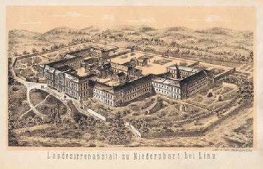 Der neu erbaute Komplex von Niedernhart, um 1870. Foto: Oö. Landesmuseum dort seit 1851 als Primararzt und ab 1867 an der Landesirrenanstalt Niedernhart.