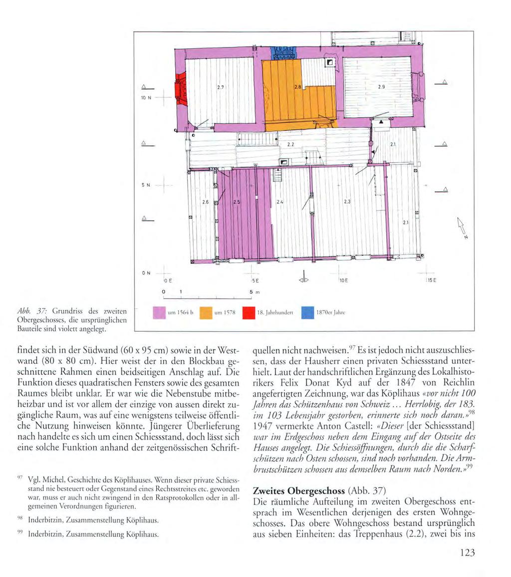 f 1 Ci l =3S A 29 10 N Abb. 37: Grundriss des zweiten Obergeschosses, die ursprünglichen Bauteile sind violett angelegt. 15(h1, 18.