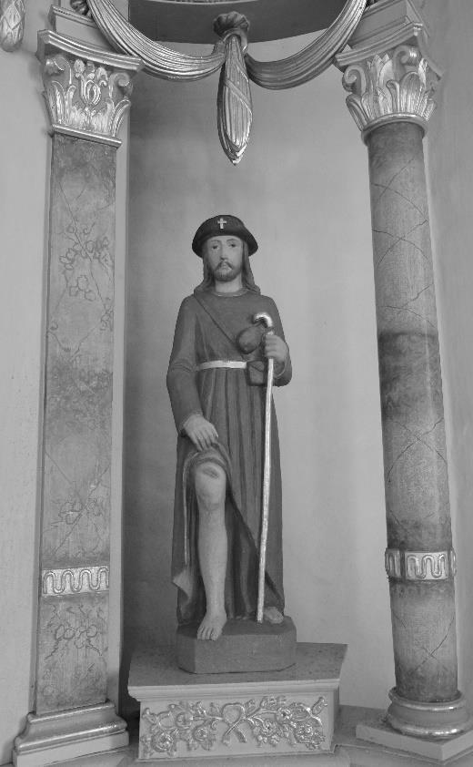DER HL. ROCHUS (16.8.) Die Filialkirchen von Hasborn (s. Metallrelief an der linken Seitenwand, neben dem hl. Wendalinus) und von Oberscheidweiler (Figur im Hochaltar) verehren den hl.