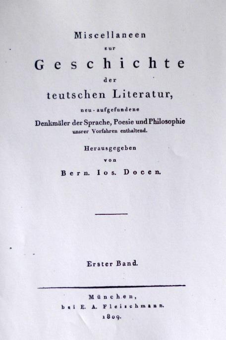 Docen, Miscellaneen, Bd.1 in der erneuerten Ausgabe links und rechts Blatt aus seiner handschriftlichen Sammlung, hier wohl die Druckvorlage für eine geplante Edition.