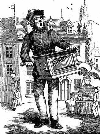 #Drehorgel, Leierkasten, französisch barbarische Orgel; über eine Kurbel, der einen Balg bewegt, werden Pfeifen (Flötenwerk) angeblasen, über eine Mechanik wird ein automatischer Spielbetrieb (mit