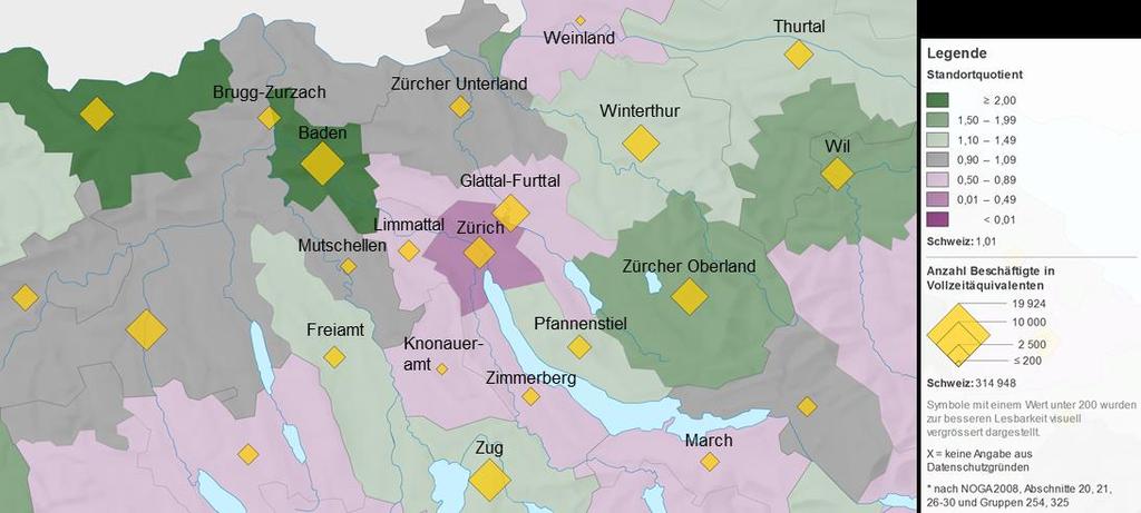 Winterthur als High-Tech Standort (5/10) Standortquotient und Vollzeitäquivalente in der High-Tech Branche* in ausgewählten