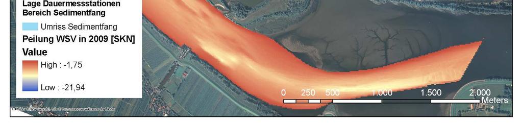 Seekartennull (SKN) Abbildung 3-1: Lage der Dauermessstellen D1, SF West, SF Nord SF Süd im Bereich des Sedimentfangs Die Aufzeichnung erfolgt in jeweils ca.