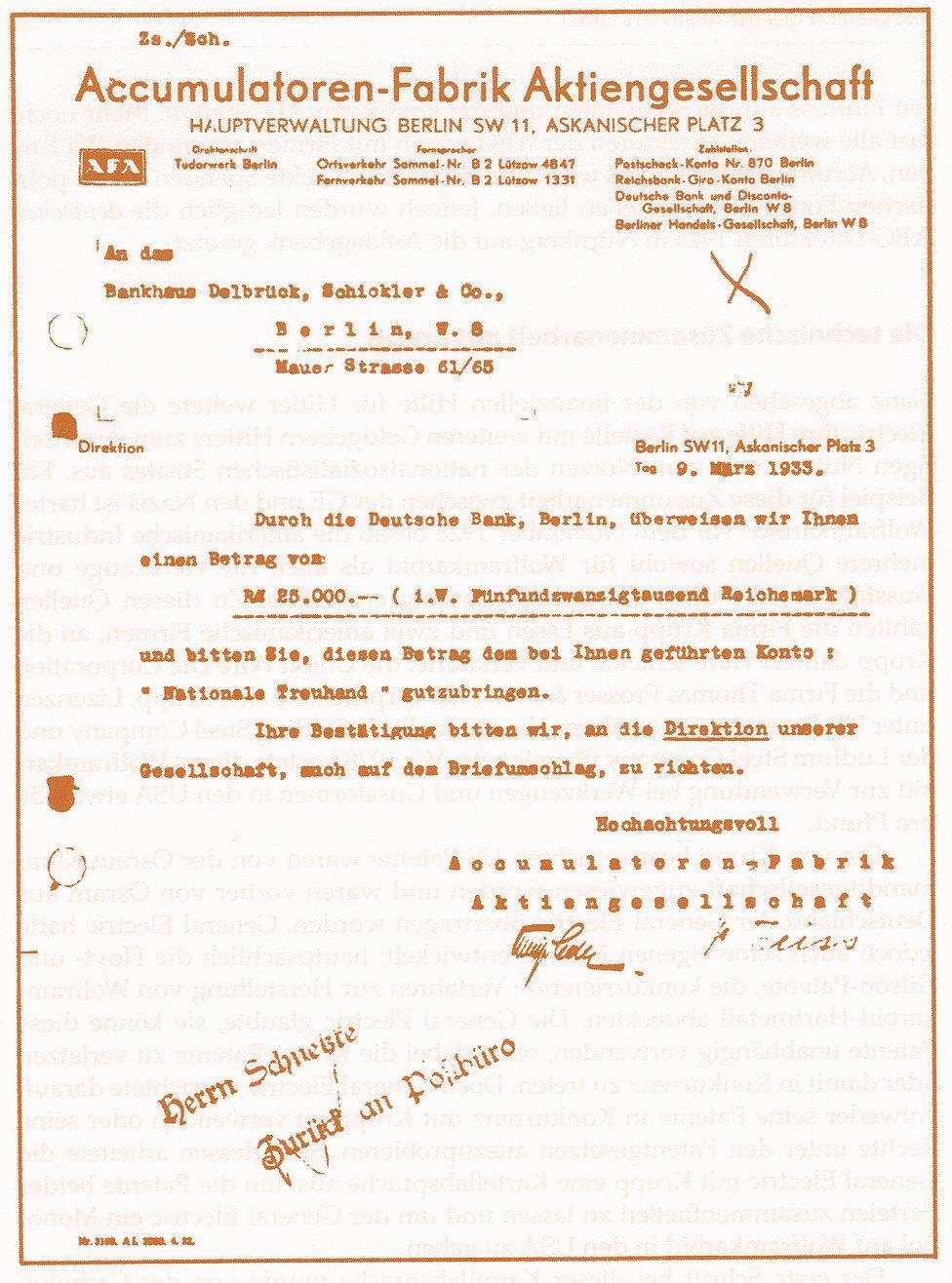 Originalüberweisungsbeleg, datiert vom 9. März 1933, von der Accumulatorenfabrik an das Berliner Bankhaus Delbrück, Schickler & Co., mit der Anweisung, 25.