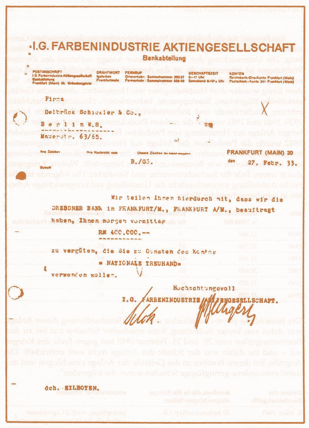 Originalüberweisungsbeleg, datiert vom 27. Februar 1933, von der IG Farben an das Berliner Bankhaus Delbrück, Schickler & Co. mit Instruktionen, 400.
