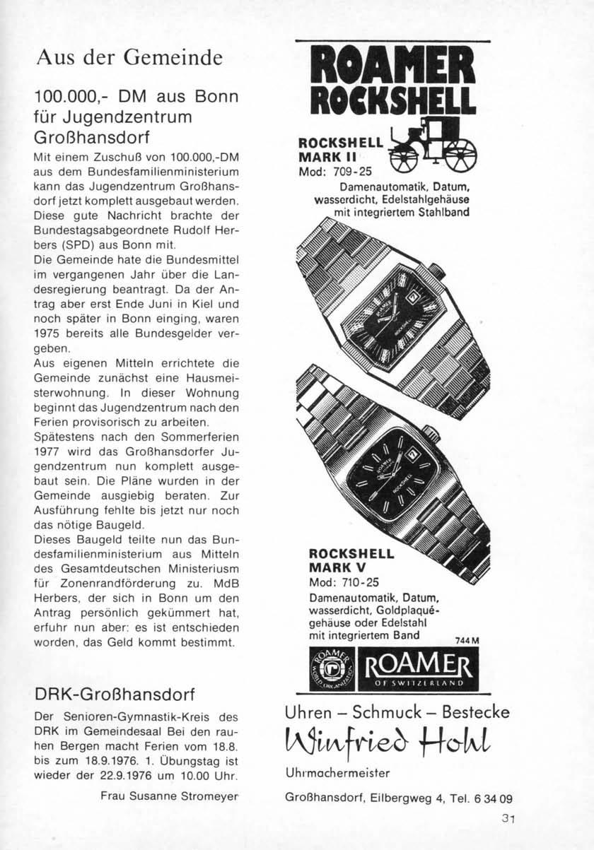 Aus der Gemeinde 100.000,- DM aus Bonn für Jugendzentrum Großhansdorf Mit einem Zuschuß von 100.