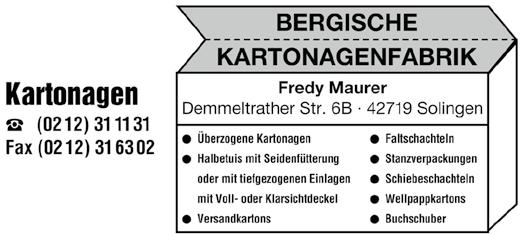 Dem Registergericht ist eine Liste der Mitglieder des Aufsichtsrates eingereicht worden. SOLINGEN NEUEINTRAGUNGEN 03.01.2019 HRA 24820 Schultes Holding GmbH & Co. KG (Herzogstr. 68, 42699 Solingen).