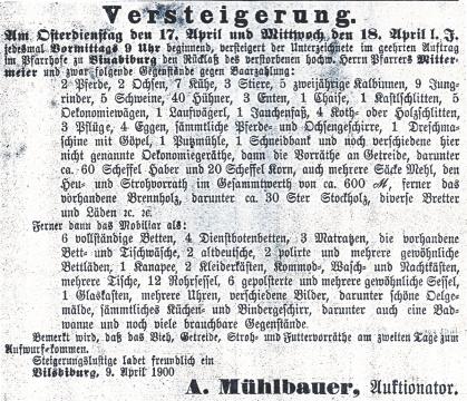 Umpfarrung: 1891 wurden in Jesenkofen die Hausnummern 74 Wimmer, 75 Brandmayer und 76 Leitmer von der Pfarrei Binabiburg zur Pfarrei Treidlkofen umgepfarrt. Pfarrer Michael Mittermeier Vom 10.