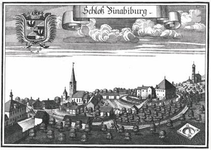 Schloss Binabiburg nach dem Stich von Michael Wening um 1710 mit dem Wappen des Hofmarksherrn Ferdinand Maria Franz Freiherr von Neuhaus.