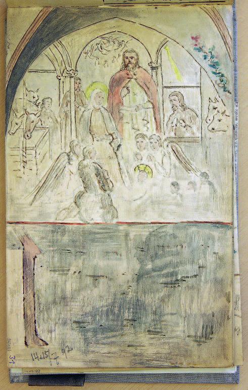 Wandmalereiabnahmen Leipzig St. Pauli 6 Wandbild vor 1500 mit einer Darstellung der Anbetung der Hirten, Aquarell aus dem Skizzenbuch von H. G.