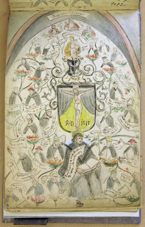 In dem Wappen über dem Ordensstifter Dominikus soll sich die Jahreszahl 1515 befunden haben. Aquarell von H. G. Drescher, 1892 beschränkt sich die bemalte Fläche hier auf das jeweilige Bogenfeld (Abb.