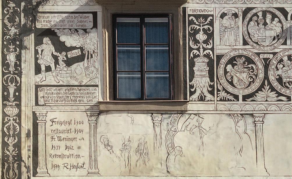 Totentanz von Metnitz 6 Horn, Niederösterreich, Kirchenplatz 3, Sgraffitohaus, 1583, 1900 Überputzungen entfernt, Restaurierungen: 1904, 1937, 1962; künstlerisch rekonstruiert (1979), lediglich das