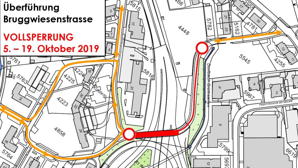 Brüttisellen die Überführung Bruggwiesenstrasse. Von Samstag, 5. Oktober 2019 bis und mit Samstag, 19. Oktober 2019 wird die Überführung vollständig gesperrt.