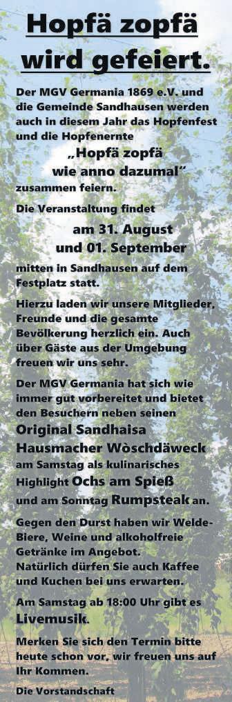 34 Gemeindenachrichten Sandhausen 2. August 2019 Nr. 31 Gesangverein Liederkranz 1906 e.v. www.liederkranz-sandhausen.de 25 Jahre Dr. Armin Fink das musste gefeiert werden! Am 18.