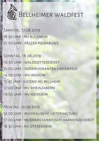 Nachdem Auftritt von unserem befreundeten Musikverein Rülzheim, werden auch die Pälzer Polkabuwe wieder ordentlich für Stimmung sorgen. Der Festsonntag beginnt wie alle Jahre mit dem Waldgottesdienst.