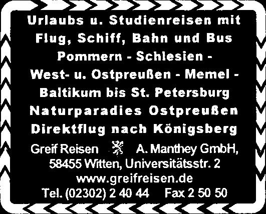 7.04 und 09. - 14.9.04 369,- Bitte fordern Sie unseren Reisekatalog 2004 an - Anruf genügt! Busreisen mit Komfort! Urlaub/Reisen Alle Reisen nur mit eigenen Fernreisebussen!
