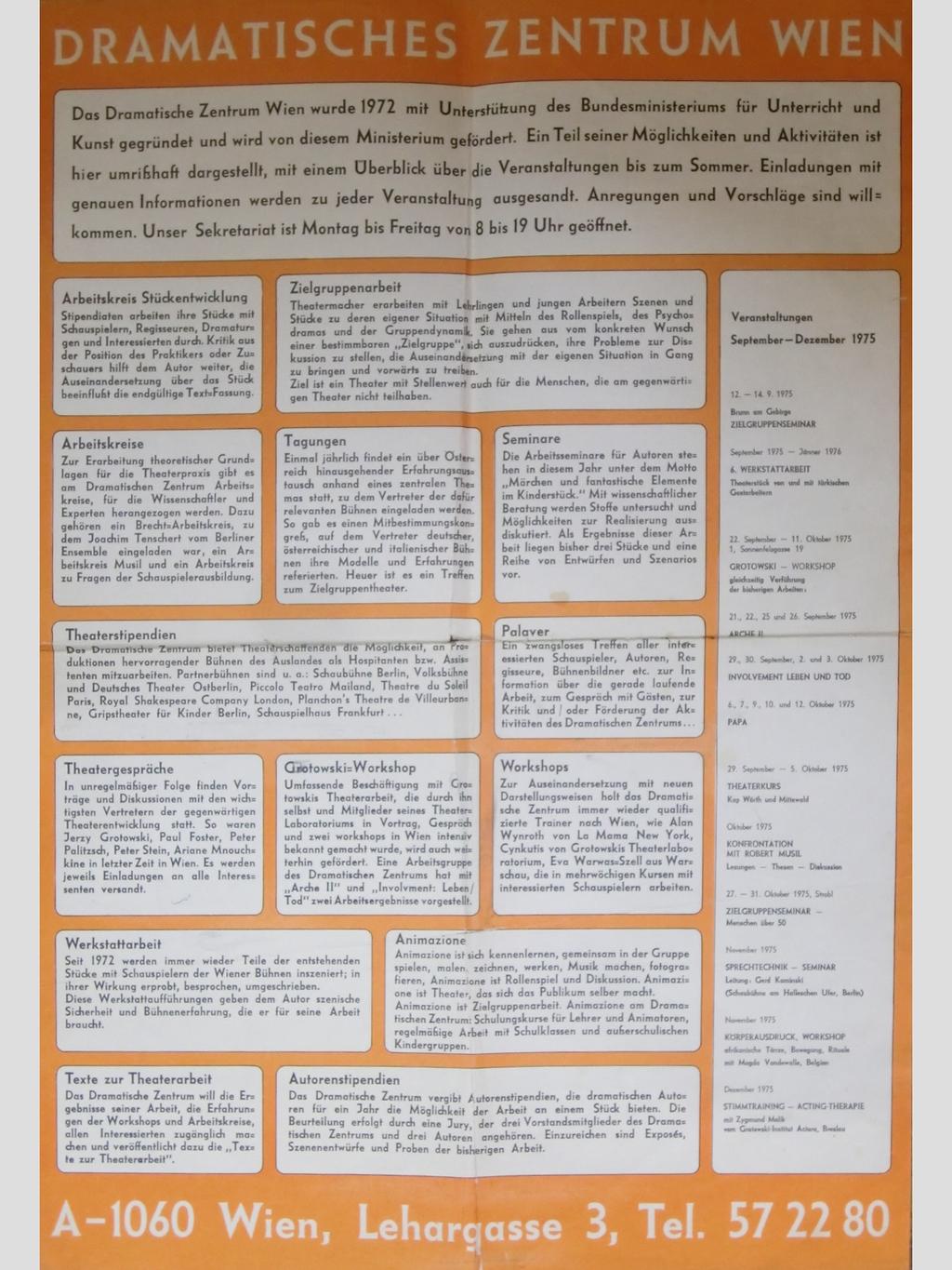Abbildung 5: Plakat des Dramatischen Zentrums 1975 (Sammlung Dramatisches Zentrum) Es gibt Auskunft über Tätigkeitsbereiche und Aktivitäten des Dramatischen