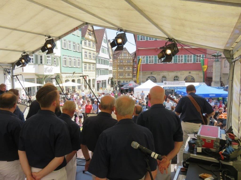 Bürgerfest 2019 Die Shanty-Sänger vor der mittelalterlichen Kulisse auf dem Esslinger Marktplatz.