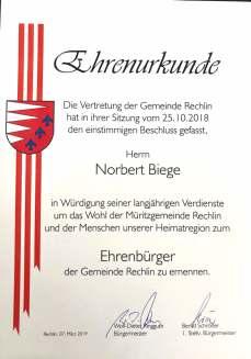 4 Rechliner Zeitung Anlässlich der Verleihung der Ehrenbürg Herrn Norbert Biege,