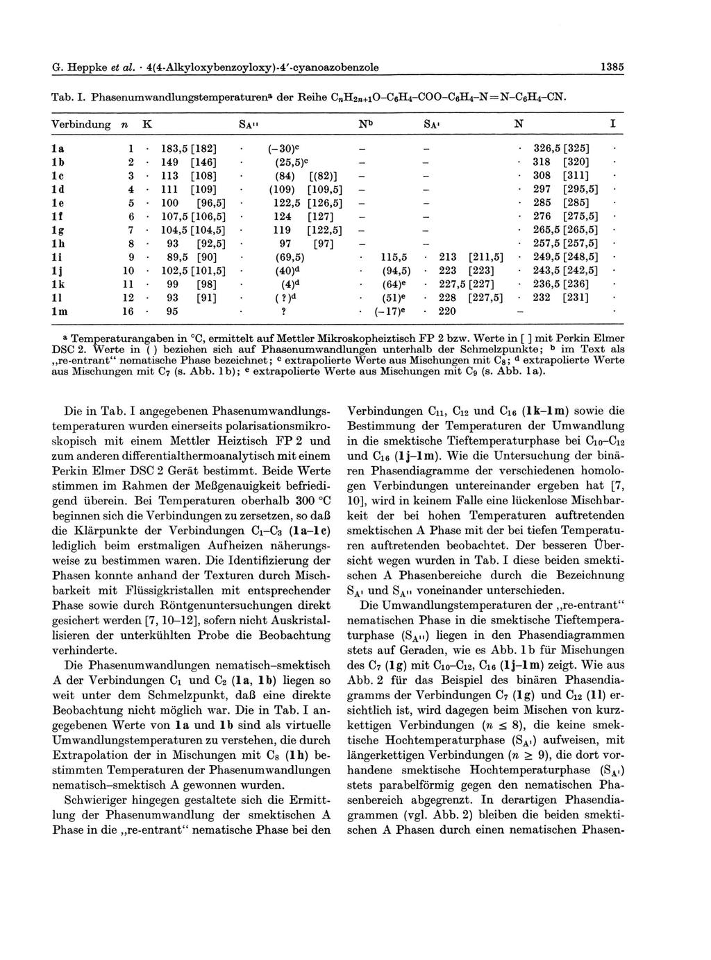 1385 G. Heppke et al. 4-Alkyloxybenzoyloxye Tab. I. Phasenumwandlungstemperaturen a der Reihe CnH^n+iO-CeH^-COO-CeH/i-N = N - C 6 H 4 - C N.