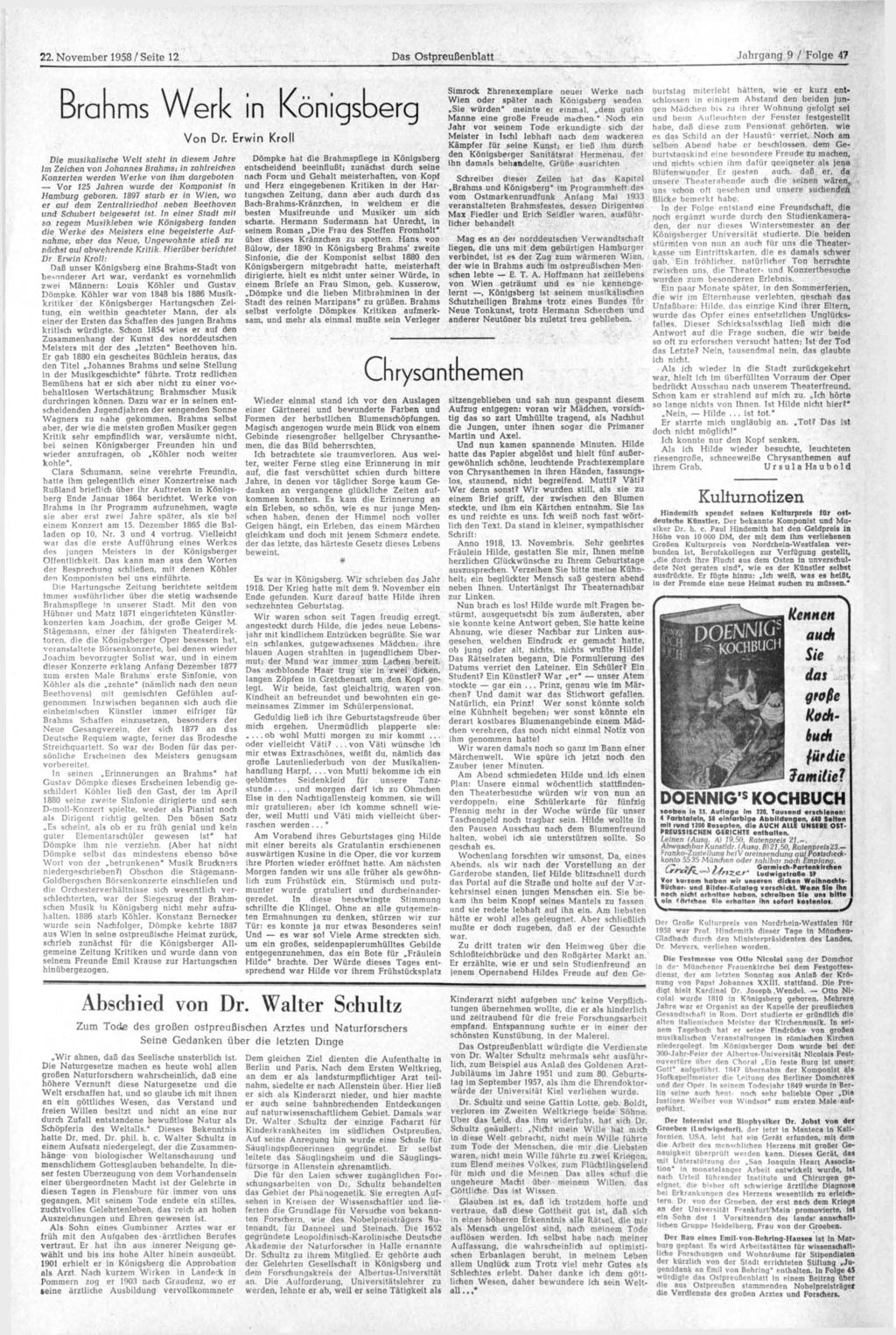 22. November 1958 / Seite 12 Das Ostpreußenblatt Jahrgang 9 / Folge 47 Brahms Werk in Königsberg Simrock Khrenexemplare neuer Werke nach burtstag miterlebt hätten, wie er kurz entschlossen in einigem