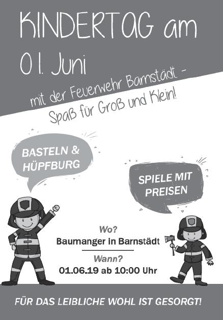 10. Jahrgang Seite 8 Mai 2019 Einladung zur großen Kindertags-Party in Barnstädt Am 01.06.2019 findet auf dem Baumanger ab 10:00 Uhr eine Kindertags-Party statt.