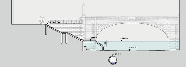 Abbildung 18: Schnitt "permanenter" Wasserzugang Monbijoubrücke und Neubau "Museumshöfe" (21_SCH_JK_Monbijou_PermAnl_200.