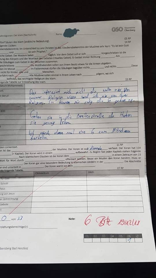 In die selbe Kerbe schlägt ein anderer Schüler aus der Gesamtschule Obersberg, der anläßlich eines Leistungstests im Islamkundeunterricht der Lehrkraft auf dem Prüfungsbogen folgendes beschied: Das