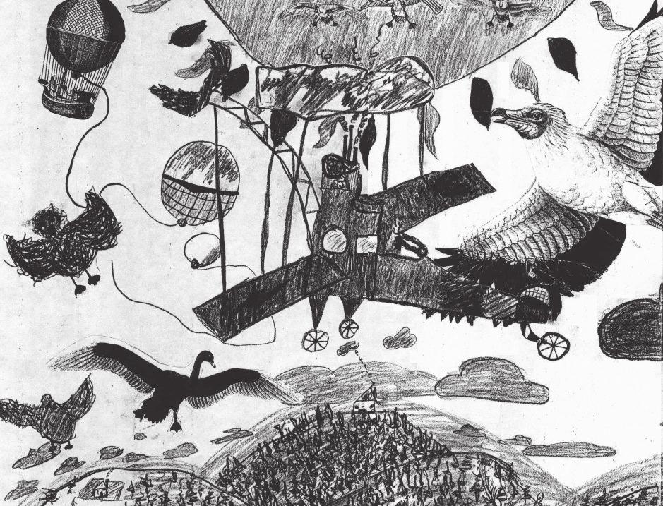 Landfermann November 2002 Mein Traum vom Fliegen - Ausschnitt aus einer Bleistiftzeichnung / Collage von Santana