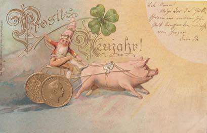 Das Schwein als Glücksbringer (Postkarten um 1900) Archiv VBL Fruchtbarkeit, Glück und Wohlfahrt, vierblättriges