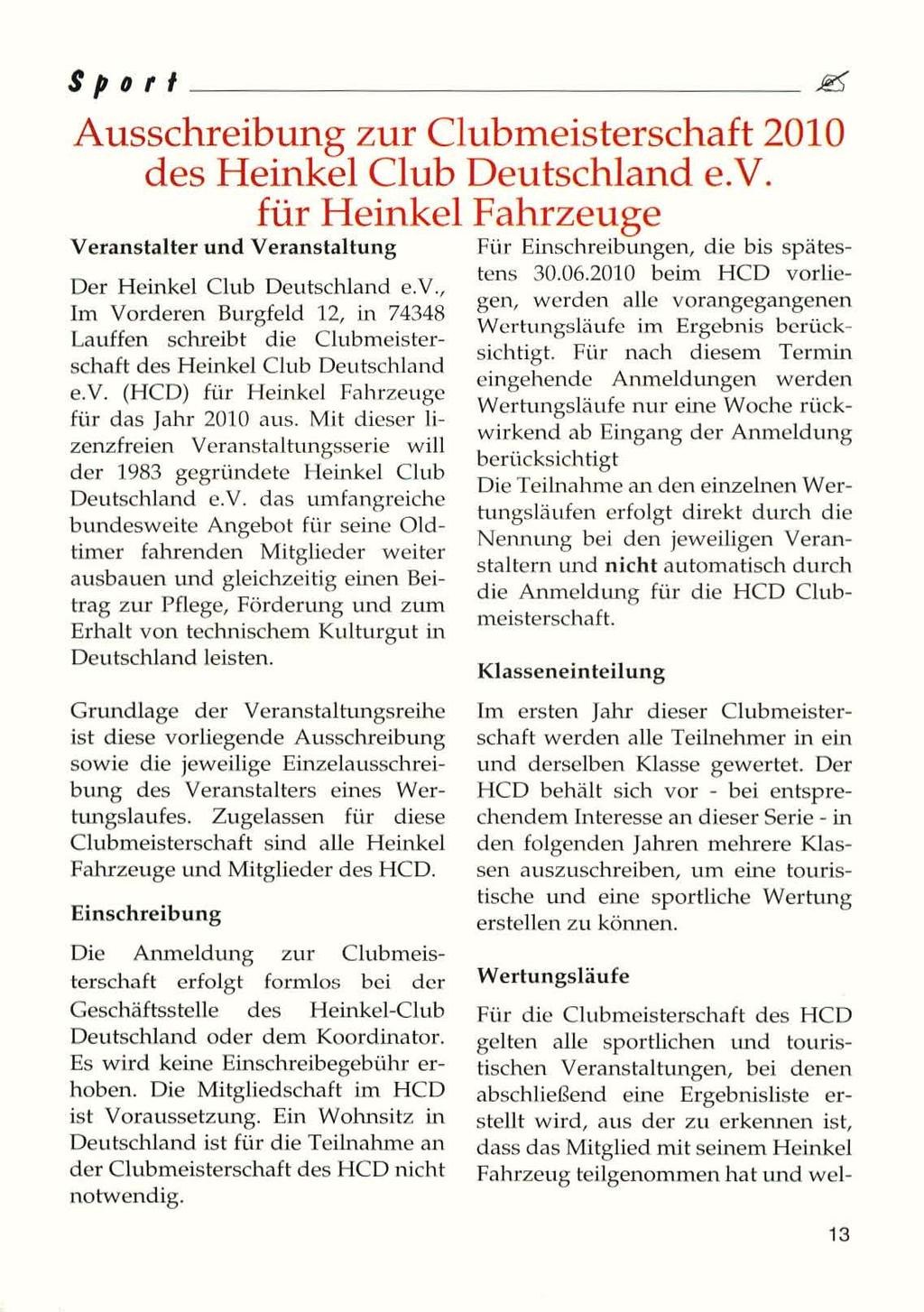SpDrt ~ Ausschreibung zur Clubmeisterschaft 2010 des Heinkel Club Deutschland e.v. für Heinkel Fahrzeuge Ve