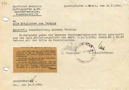 30. Mai 1950, Mitteilung des SC Germania Ludwigshafen / Rhein Niederfeld über den Antrag zur Aufnahme in den SWFV (Südwestdeutschen